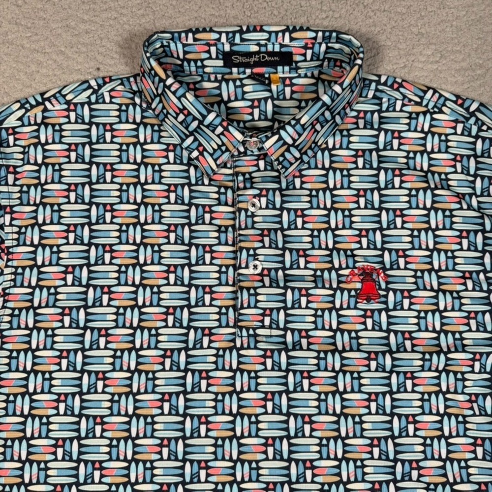 Straight Down Polo Shirt Mens Medium Surf Board All Over Print Golf Performance